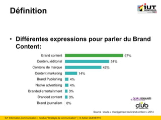 IUT Information-Communication | Module "Stratégie de communication" | © Adrien QUENETTE
Définition
• Différentes expressions pour parler du Brand
Content:
Source : étude « management du brand content » 2014
 