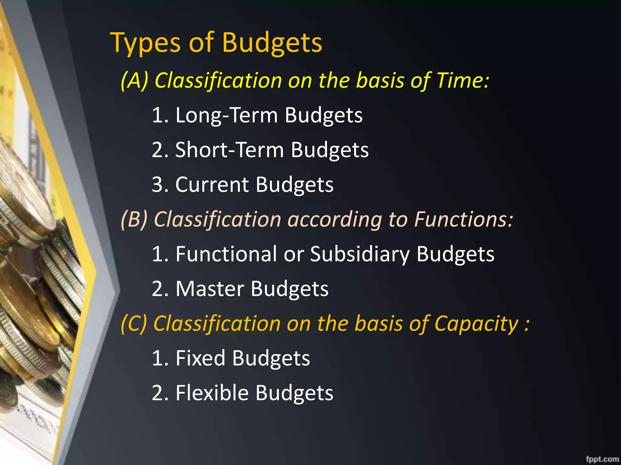 Types of Budgets
(A) Classification on the basis of Time:
1. Long-Term Budgets
2. Short-Term Budgets
3. Current Budgets
(B) Classification according to Functions:
1. Functional or Subsidiary Budgets
2. Master Budgets
(C) Classification on the basis of Capacity :
1. Fixed Budgets
2. Flexible Budgets
 