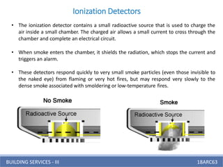 BUILDING SERVICES - III 18ARC63
• The ionization detector contains a small radioactive source that is used to charge the
air inside a small chamber. The charged air allows a small current to cross through the
chamber and complete an electrical circuit.
• When smoke enters the chamber, it shields the radiation, which stops the current and
triggers an alarm.
• These detectors respond quickly to very small smoke particles (even those invisible to
the naked eye) from flaming or very hot fires, but may respond very slowly to the
dense smoke associated with smoldering or low-temperature fires.
Ionization Detectors
 