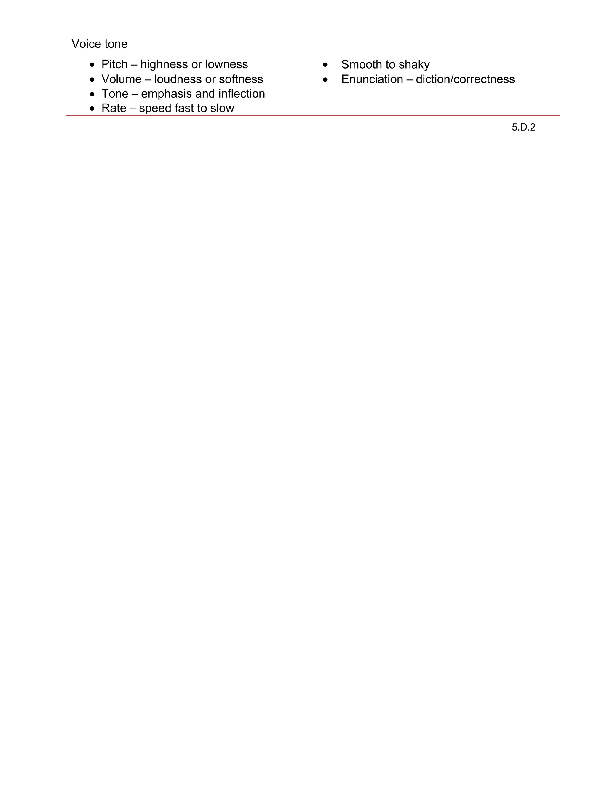 Voice tone
• Pitch – highness or lowness • Smooth to shaky
• Volume – loudness or softness • Enunciation – diction/correctness
• Tone – emphasis and inflection
• Rate – speed fast to slow
5.D.2
 
