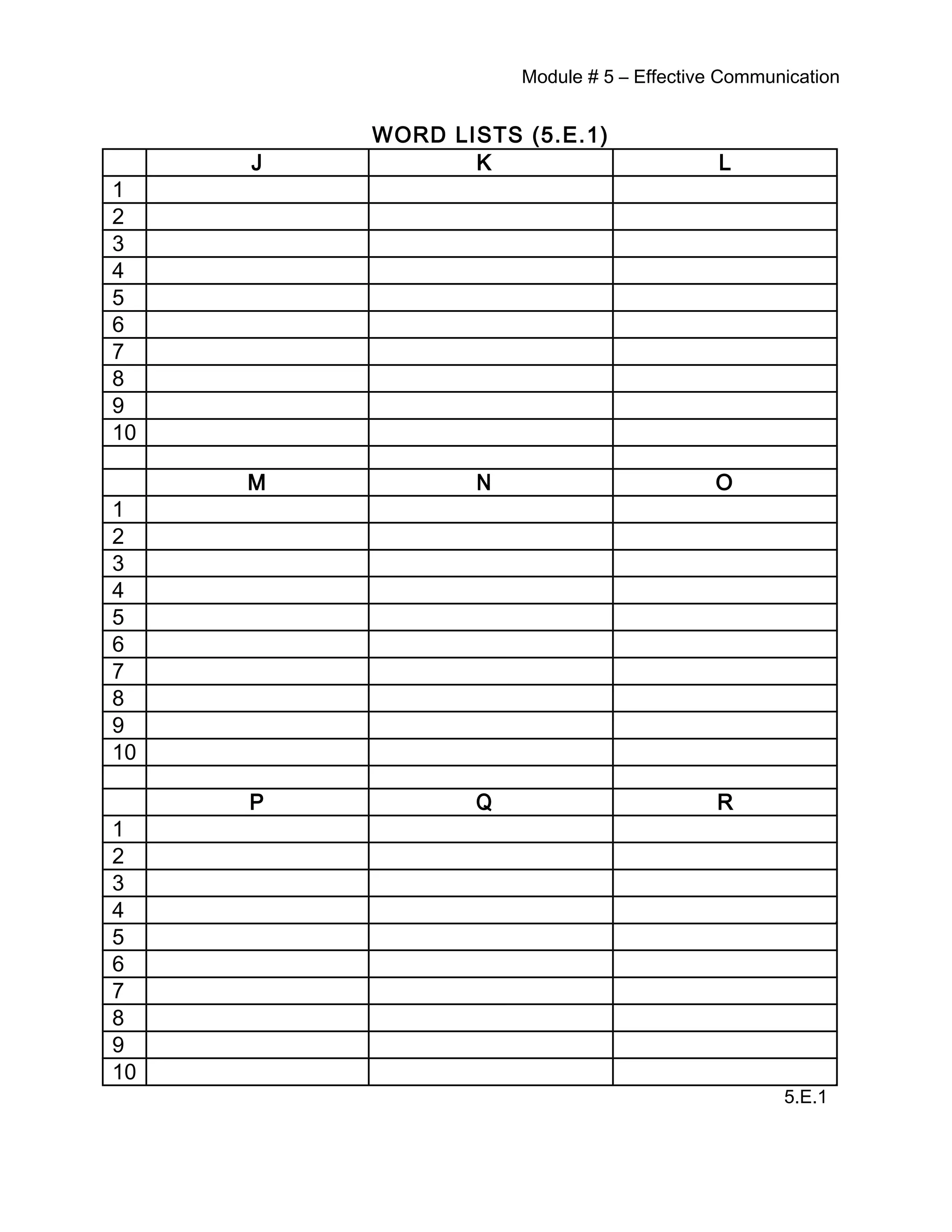 Module # 5 – Effective Communication
WORD LISTS (5.E.1)
J K L
1
2
3
4
5
6
7
8
9
10
M N O
1
2
3
4
5
6
7
8
9
10
P Q R
1
2
3
4
5
6
7
8
9
10
5.E.1
 