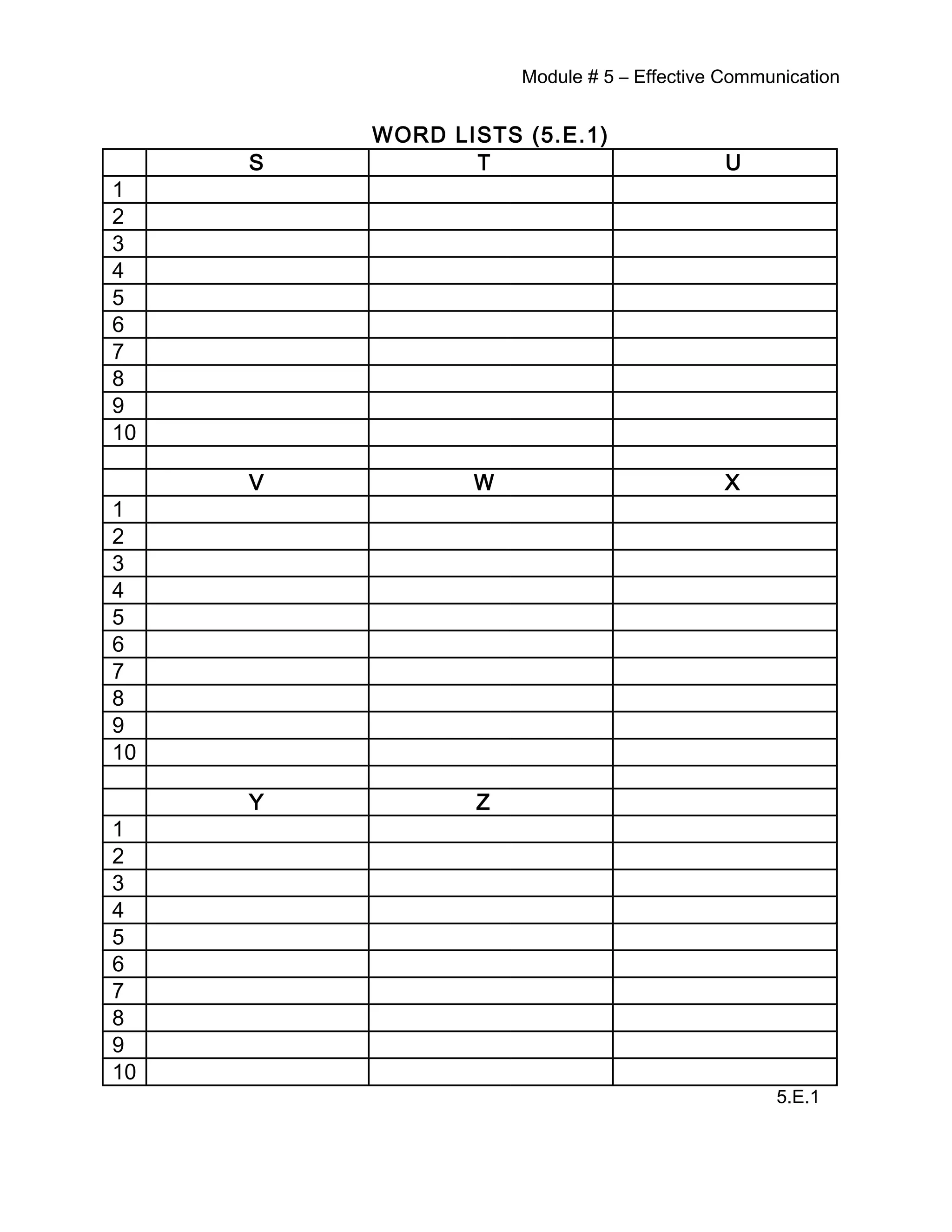 Module # 5 – Effective Communication
WORD LISTS (5.E.1)
S T U
1
2
3
4
5
6
7
8
9
10
V W X
1
2
3
4
5
6
7
8
9
10
Y Z
1
2
3
4
5
6
7
8
9
10
5.E.1
 