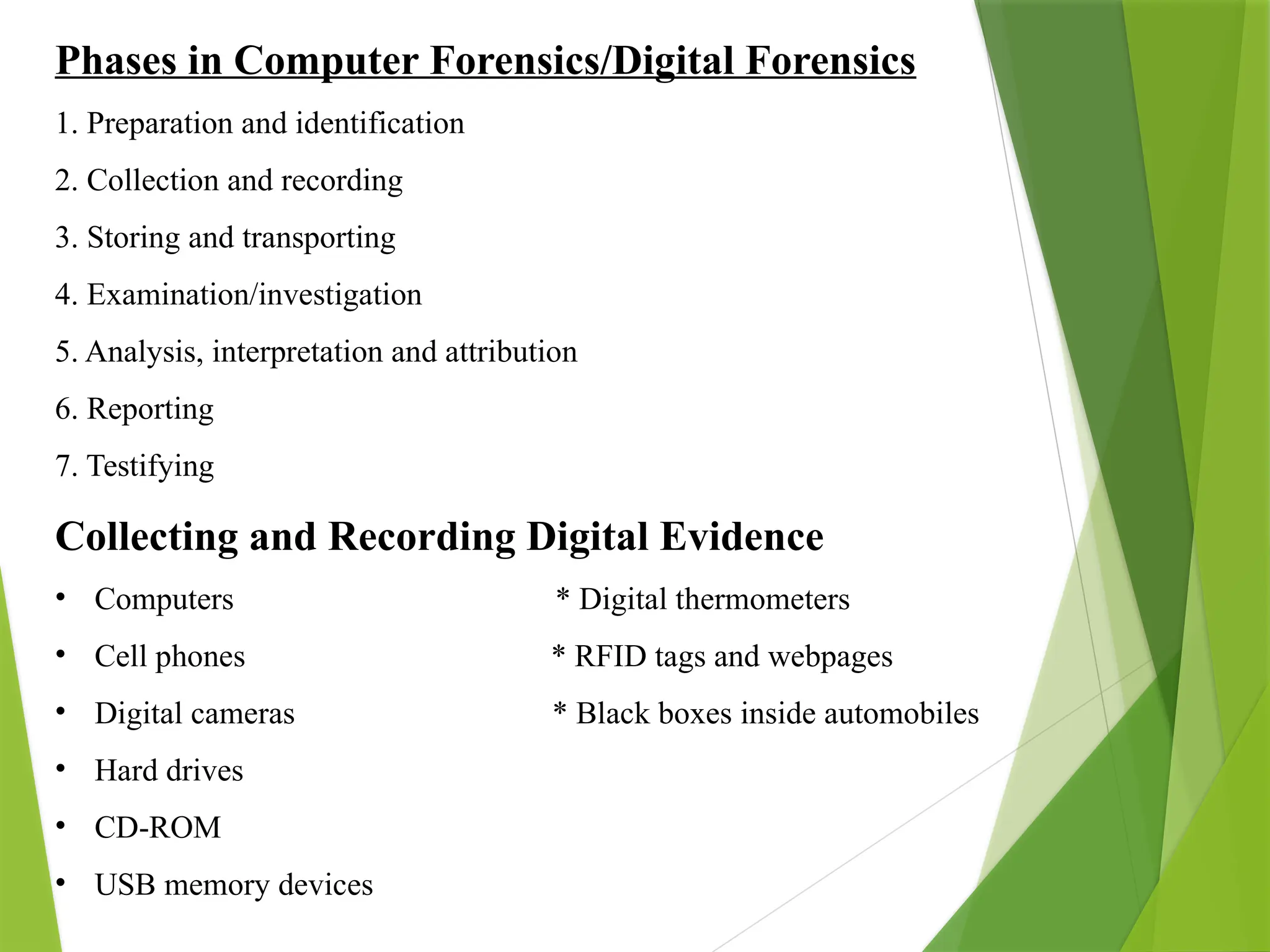 Phases in Computer Forensics/Digital Forensics
1. Preparation and identification
2. Collection and recording
3. Storing and transporting
4. Examination/investigation
5. Analysis, interpretation and attribution
6. Reporting
7. Testifying
Collecting and Recording Digital Evidence
• Computers * Digital thermometers
• Cell phones * RFID tags and webpages
• Digital cameras * Black boxes inside automobiles
• Hard drives
• CD-ROM
• USB memory devices
 