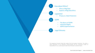 Smart Data Smart Region | www.smartdata.how
This programme has been funded with support from the European Commission. The author is
solely responsible for this publication (communication) and the Commission accepts no
responsibility for any use that may be made of the information contained therein.
1
Legislation2
GDPR3
– Ethics of Big Data
– Aspects of Big Data Ethics
4 Legal Glossary
How about Ethics?
– The Basics of GDPR
– Individual Rights
– GDPR Implementation
– Privacy vs. Data Protection
 