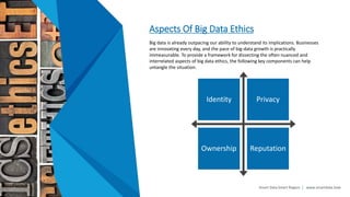 Smart Data Smart Region | www.smartdata.how
Aspects Of Big Data Ethics
Big data is already outpacing our ability to understand its implications. Businesses
are innovating every day, and the pace of big-data growth is practically
immeasurable. To provide a framework for dissecting the often nuanced and
interrelated aspects of big data ethics, the following key components can help
untangle the situation.
Identity Privacy
Ownership Reputation
 