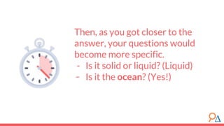 Then, as you got closer to the
answer, your questions would
become more specific.
- Is it solid or liquid? (Liquid)
- Is it the ocean? (Yes!)
 