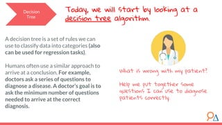 Decision
Tree
Today, we will start by looking at a
decision tree algorithm.
A decision tree is a set of rules we can
use to classify data into categories (also
can be used for regression tasks).
Humans often use a similar approach to
arrive at a conclusion. For example,
doctors ask a series of questions to
diagnose a disease. A doctor’s goal is to
ask the minimum number of questions
needed to arrive at the correct
diagnosis.
What is wrong with my patient?
Help me put together some
questions I can use to diagnose
patients correctly.
 