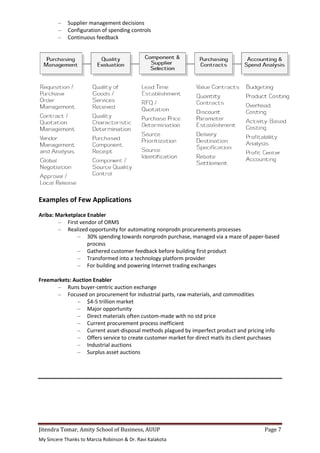 Jitendra Tomar, Amity School of Business, AUUP Page 7
My Sincere Thanks to Marcia Robinson & Dr. Ravi Kalakota
– Supplier management decisions
– Configuration of spending controls
– Continuous feedback
Examples of Few Applications
Ariba: Marketplace Enabler
– First vendor of ORMS
– Realized opportunity for automating nonprodn procurements processes
– 30% spending towards nonprodn purchase, managed via a maze of paper-based
process
– Gathered customer feedback before building first product
– Transformed into a technology platform provider
– For building and powering Internet trading exchanges
Freemarkets: Auction Enabler
– Runs buyer-centric auction exchange
– Focused on procurement for industrial parts, raw materials, and commodities
– $4-5 trillion market
– Major opportunity
– Direct materials often custom-made with no std price
– Current procurement process inefficient
– Current asset-disposal methods plagued by imperfect product and pricing info
– Offers service to create customer market for direct matls its client purchases
– Industrial auctions
– Surplus asset auctions
 