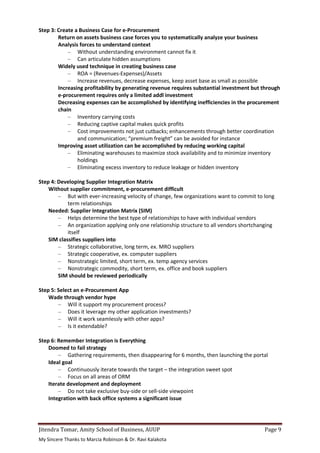Jitendra Tomar, Amity School of Business, AUUP Page 9
My Sincere Thanks to Marcia Robinson & Dr. Ravi Kalakota
Step 3: Create a Business Case for e-Procurement
Return on assets business case forces you to systematically analyze your business
Analysis forces to understand context
– Without understanding environment cannot fix it
– Can articulate hidden assumptions
Widely used technique in creating business case
– ROA = (Revenues-Expenses)/Assets
– Increase revenues, decrease expenses, keep asset base as small as possible
Increasing profitability by generating revenue requires substantial investment but through
e-procurement requires only a limited addl investment
Decreasing expenses can be accomplished by identifying inefficiencies in the procurement
chain
– Inventory carrying costs
– Reducing captive capital makes quick profits
– Cost improvements not just cutbacks; enhancements through better coordination
and communication; “premium freight” can be avoided for instance
Improving asset utilization can be accomplished by reducing working capital
– Eliminating warehouses to maximize stock availability and to minimize inventory
holdings
– Eliminating excess inventory to reduce leakage or hidden inventory
Step 4: Developing Supplier Integration Matrix
Without supplier commitment, e-procurement difficult
– But with ever-increasing velocity of change, few organizations want to commit to long
term relationships
Needed: Supplier Integration Matrix (SIM)
– Helps determine the best type of relationships to have with individual vendors
– An organization applying only one relationship structure to all vendors shortchanging
itself
SIM classifies suppliers into
– Strategic collaborative, long term, ex. MRO suppliers
– Strategic cooperative, ex. computer suppliers
– Nonstrategic limited, short term, ex. temp agency services
– Nonstrategic commodity, short term, ex. office and book suppliers
SIM should be reviewed periodically
Step 5: Select an e-Procurement App
Wade through vendor hype
– Will it support my procurement process?
– Does it leverage my other application investments?
– Will it work seamlessly with other apps?
– Is it extendable?
Step 6: Remember Integration is Everything
Doomed to fail strategy
– Gathering requirements, then disappearing for 6 months, then launching the portal
Ideal goal
– Continuously iterate towards the target – the integration sweet spot
– Focus on all areas of ORM
Iterate development and deployment
– Do not take exclusive buy-side or sell-side viewpoint
Integration with back office systems a significant issue
 