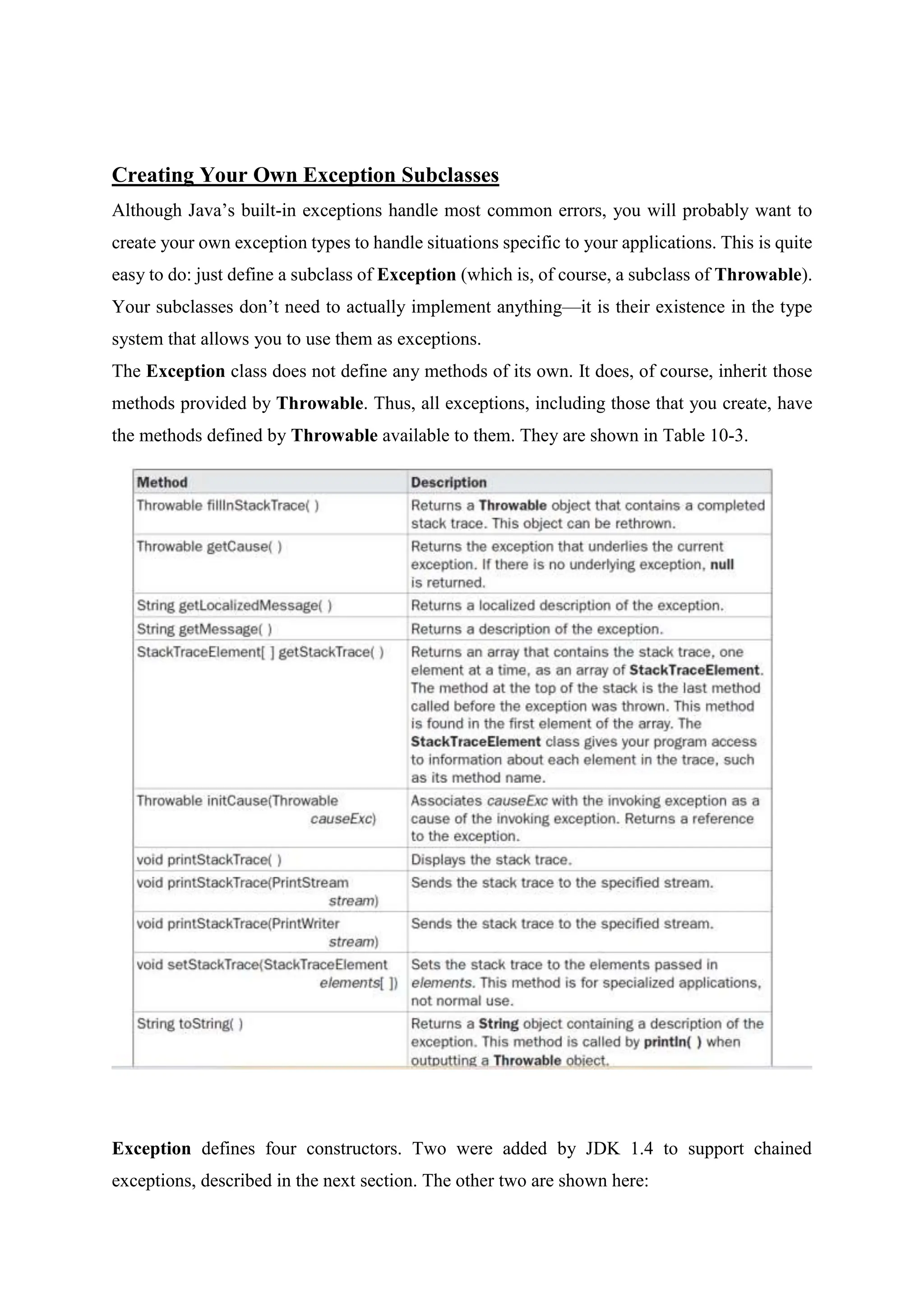Creating Your Own Exception Subclasses
Although Java’s built-in exceptions handle most common errors, you will probably want to
create your own exception types to handle situations specific to your applications. This is quite
easy to do: just define a subclass of Exception (which is, of course, a subclass of Throwable).
Your subclasses don’t need to actually implement anything—it is their existence in the type
system that allows you to use them as exceptions.
The Exception class does not define any methods of its own. It does, of course, inherit those
methods provided by Throwable. Thus, all exceptions, including those that you create, have
the methods defined by Throwable available to them. They are shown in Table 10-3.
Exception defines four constructors. Two were added by JDK 1.4 to support chained
exceptions, described in the next section. The other two are shown here:
 