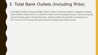 3. Total Bank Outlets (Including Rrbs)
• Total Bank Outlets (including RRBs) ™Total number of banking outlets in villages increased
from 67,694 in March 2010 to 2,68,454 in March 2013 (increased around 4 times during the
period of three years). Of total branches, banking outlets through BCs increased from
34,174 to 2,21,341 during the same period (increased around 6.5 times).
 