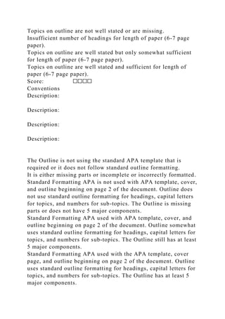 Topics on outline are not well stated or are missing.
Insufficient number of headings for length of paper (6-7 page
paper).
Topics on outline are well stated but only somewhat sufficient
for length of paper (6-7 page paper).
Topics on outline are well stated and sufficient for length of
paper (6-7 page paper).
Score: ☐☐☐☐
Conventions
Description:
Description:
Description:
Description:
The Outline is not using the standard APA template that is
required or it does not follow standard outline formatting.
It is either missing parts or incomplete or incorrectly formatted.
Standard Formatting APA is not used with APA template, cover,
and outline beginning on page 2 of the document. Outline does
not use standard outline formatting for headings, capital letters
for topics, and numbers for sub-topics. The Outline is missing
parts or does not have 5 major components.
Standard Formatting APA used with APA template, cover, and
outline beginning on page 2 of the document. Outline somewhat
uses standard outline formatting for headings, capital letters for
topics, and numbers for sub-topics. The Outline still has at least
5 major components.
Standard Formatting APA used with the APA template, cover
page, and outline beginning on page 2 of the document. Outline
uses standard outline formatting for headings, capital letters for
topics, and numbers for sub-topics. The Outline has at least 5
major components.
 