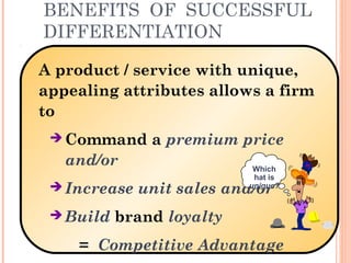 BENEFITS OF SUCCESSFUL 
DIFFERENTIATION 
A product / service with unique, 
appealing attributes allows a firm 
to 
Command a premium price 
and/or 
Increase unit sales and/or 
Build brand loyalty 
Which 
hat is 
unique? 
= Competitive Advantage 
 