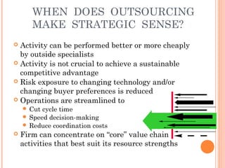 WHEN DOES OUTSOURCING 
MAKE STRATEGIC SENSE? 
 Activity can be performed better or more cheaply 
by outside specialists 
 Activity is not crucial to achieve a sustainable 
competitive advantage 
 Risk exposure to changing technology and/or 
changing buyer preferences is reduced 
 Operations are streamlined to 
 Cut cycle time 
 Speed decision-making 
 Reduce coordination costs 
 Firm can concentrate on “core” value chain 
activities that best suit its resource strengths 
 