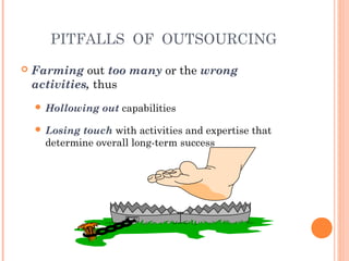 PITFALLS OF OUTSOURCING 
 Farming out too many or the wrong 
activities, thus 
 Hollowing out capabilities 
 Losing touch with activities and expertise that 
determine overall long-term success 
 