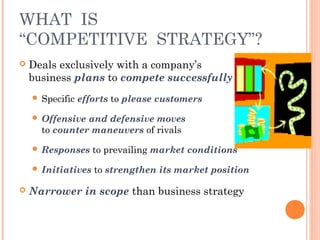 WHAT IS 
“COMPETITIVE STRATEGY”? 
 Deals exclusively with a company’s 
business plans to compete successfully 
 Specific efforts to please customers 
 Offensive and defensive moves 
to counter maneuvers of rivals 
 Responses to prevailing market conditions 
 Initiatives to strengthen its market position 
 Narrower in scope than business strategy 
 