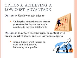 OPTIONS: ACHIEVING A 
LOW-COST ADVANTAGE 
Option 1: Use lower-cost edge to 
 Underprice competitors and attract 
price-sensitive buyers in enough 
numbers to increase total profits 
Option 2: Maintain present price, be content with 
present market share, and use lower-cost edge to 
 Earn a higher profit margin on 
each unit sold, thereby 
increasing total profits 
 