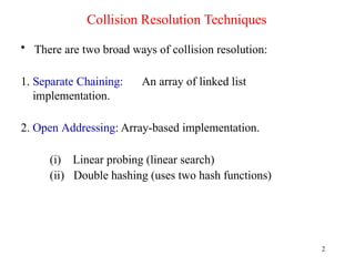 Collision Resolution Techniques
2
• There are two broad ways of collision resolution:
1. Separate Chaining: An array of linked list
implementation.
2. Open Addressing: Array-based implementation.
(i) Linear probing (linear search)
(ii) Double hashing (uses two hash functions)
 