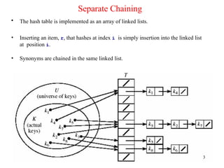 Separate Chaining
• The hash table is implemented as an array of linked lists.
• Inserting an item, r, that hashes at index i is simply insertion into the linked list
at position i.
• Synonyms are chained in the same linked list.
3
 