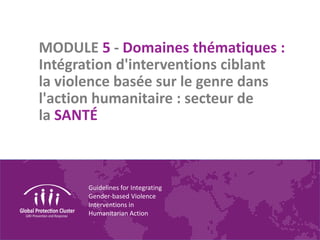 Guidelines for Integrating
Gender-based Violence
Interventions in
Humanitarian Action
MODULE 5 - Domaines thématiques :
Intégration d'interventions ciblant
la violence basée sur le genre dans
l'action humanitaire : secteur de
la SANTÉ
 