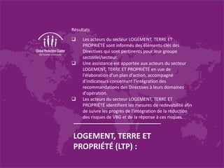 Résultats
 Les acteurs du secteur LOGEMENT, TERRE ET
PROPRIÉTÉ sont informés des éléments-clés des
Directives qui sont pertinents pour leur groupe
sectoriel/secteur.
 Une assistance est apportée aux acteurs du secteur
LOGEMENT, TERRE ET PROPRIÉTÉ en vue de
l'élaboration d'un plan d'action, accompagné
d'indicateurs concernant l'intégration des
recommandations des Directives à leurs domaines
d'opération.
 Les acteurs du secteur LOGEMENT, TERRE ET
PROPRIÉTÉ identifient les mesures de redevabilité afin
de suivre les progrès de l'intégration de la réduction
des risques de VBG et de la réponse à ces risques.
LOGEMENT, TERRE ET
PROPRIÉTÉ (LTP) :
 
