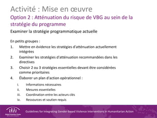 Guidelines for Integrating Gender-based Violence Interventions in Humanitarian Action
Activité : Mise en œuvre
Option 2 : Atténuation du risque de VBG au sein de la
stratégie du programme
Examiner la stratégie programmatique actuelle
En petits groupes :
1. Mettre en évidence les stratégies d'atténuation actuellement
intégrées
2. Examiner les stratégies d'atténuation recommandées dans les
directives
3. Choisir 2 ou 3 stratégies essentielles devant être considérées
comme prioritaires
4. Élaborer un plan d'action opérationnel :
i. Informations nécessaires
ii. Mesures essentielles
iii. Coordination entre les acteurs clés
iv. Ressources et soutien requis
 