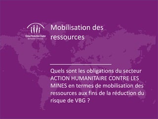 Mobilisation des
ressources
Quels sont les obligations du secteur
ACTION HUMANITAIRE CONTRE LES
MINES en termes de mobilisation des
ressources aux fins de la réduction du
risque de VBG ?
 