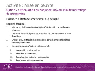 Guidelines for Integrating Gender-based Violence Interventions in Humanitarian Action
Activité : Mise en œuvre
Option 2 : Atténuation du risque de VBG au sein de la stratégie
du programme
Examiner la stratégie programmatique actuelle
En petits groupes :
1. Mettre en évidence les stratégies d'atténuation actuellement
intégrées
2. Examiner les stratégies d'atténuation recommandées dans les
directives
3. Choisir 2 ou 3 stratégies essentielles devant être considérées
comme prioritaires
4. Élaborer un plan d'action opérationnel :
i. Informations nécessaires
ii. Mesures essentielles
iii. Coordination entre les acteurs clés
iv. Ressources et soutien requis
 