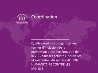 Coordination
Quelles sont nos obligations en
termes d'inclusion de la
prévention et de l'atténuation de
la VBG dans les activités (nouvelles
et existantes) du secteur ACTION
HUMANITAIRE CONTRE LES
MINES ?
 
