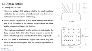 5.5 Drilling Patterns-
5.5.3 Drag and fan cuts-
• These are unique drill pattern suitable for small sectional
drifts that do not produce a lot of material (and therefore do
not need as much clearance for blasting).
• In this pattern aligned fans of drill holes are used with the one
end of the fan’s holes at the steepest angle to create the initial
cut for subsequent blasts to be shot into.
• These cuts are particularly useful as they do not require the
large reamed holes that other blasts require to create the
initial cut although they lack the ability to drive deeper cuts.
• Fan cuts refer to horizontally aligned cuts while drag cuts
refer to the vertically aligned with the steepest angled holes at
the bottom.
Prepared by-
Prof. Basweshwar S. J.
 