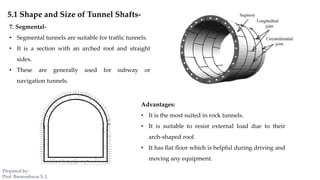 5.1 Shape and Size of Tunnel Shafts-
7. Segmental-
• Segmental tunnels are suitable for traffic tunnels.
• It is a section with an arched roof and straight
sides.
• These are generally used for subway or
navigation tunnels.
Advantages:
• It is the most suited in rock tunnels.
• It is suitable to resist external load due to their
arch-shaped roof.
• It has flat floor which is helpful during driving and
moving any equipment.
Prepared by-
Prof. Basweshwar S. J.
 