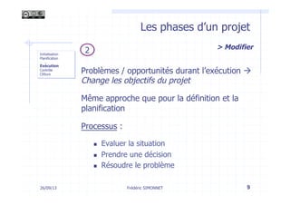 Les phases d’un projet
Problèmes / opportunités durant l’exécution à
Change les objectifs du projet
Même approche que pour la définition et la
planification
Processus :
n  Evaluer la situation
n  Prendre une décision
n  Résoudre le problème
> Modifier
2
Frédéric SIMONNET 926/09/13
Initialisation
Planification
-  …
Exécution
Contrôle
Clôture
 