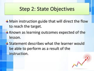 Step 2: State Objectives
Main instruction guide that will direct the flow
to reach the target.
Known as learning outcomes expected of the
lesson.
Statement describes what the learner would
be able to perform as a result of the
instruction.
 