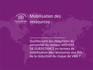 Mobilisation des
ressources
Quelles sont les obligations du
personnel du secteur MOYENS
DE SUBSISTANCE en termes de
mobilisation des ressources aux fins
de la réduction du risque de VBG ?
 
