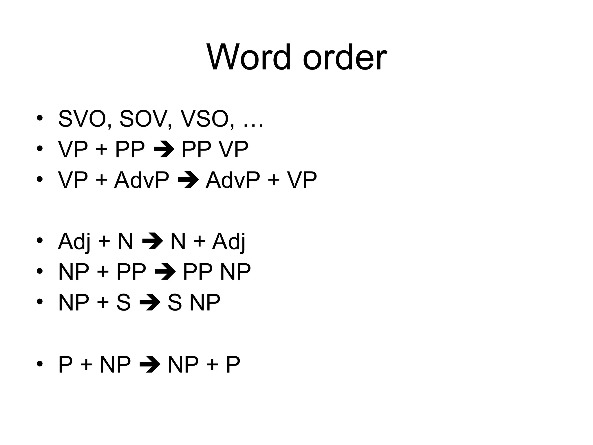 Word order
• SVO, SOV, VSO, …
• VP + PP  PP VP
• VP + AdvP  AdvP + VP
• Adj + N  N + Adj
• NP + PP  PP NP
• NP + S  S NP
• P + NP  NP + P
 