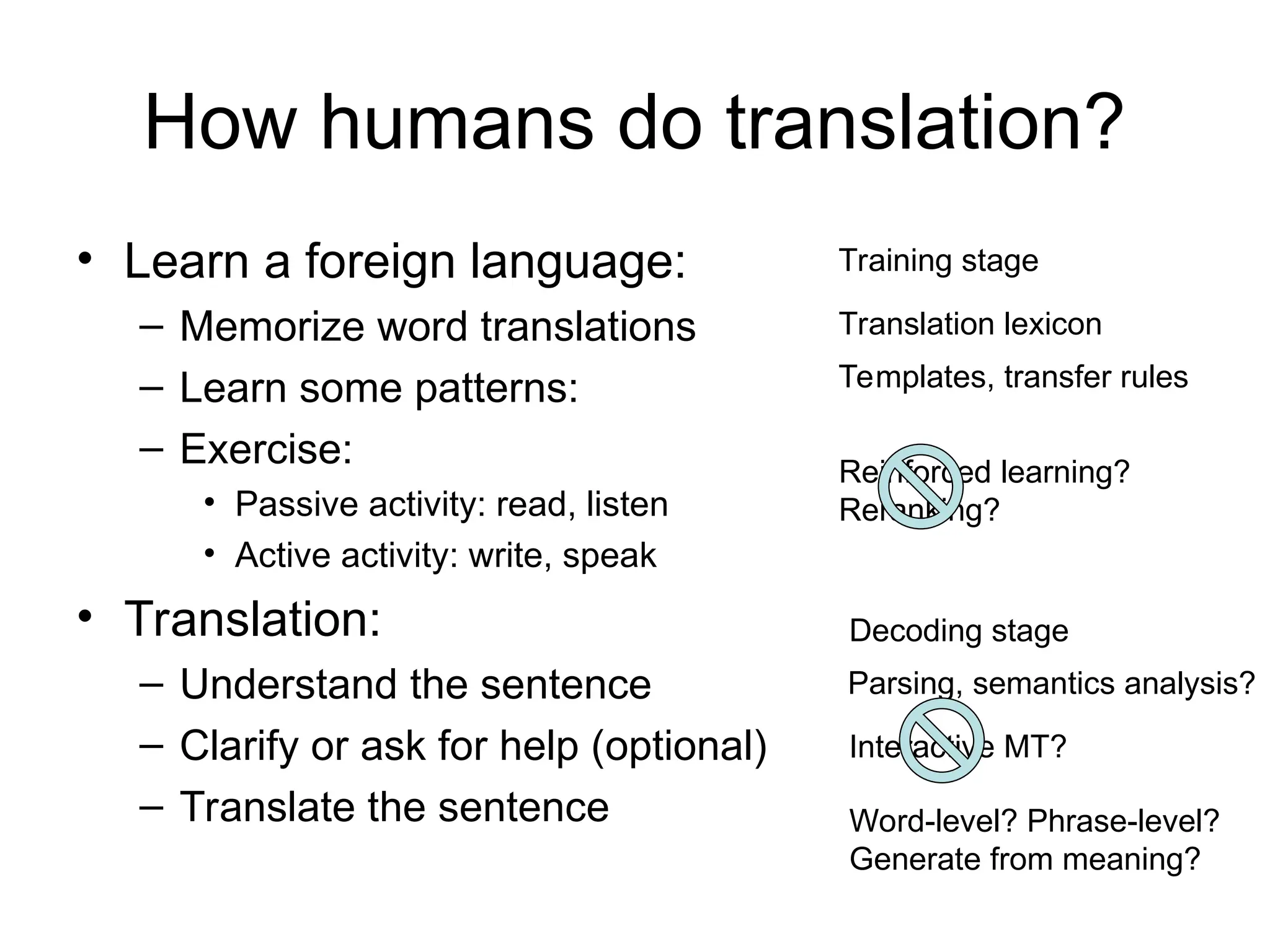 How humans do translation?
• Learn a foreign language:
– Memorize word translations
– Learn some patterns:
– Exercise:
• Passive activity: read, listen
• Active activity: write, speak
• Translation:
– Understand the sentence
– Clarify or ask for help (optional)
– Translate the sentence
Training stage
Decoding stage
Translation lexicon
Templates, transfer rules
Parsing, semantics analysis?
Interactive MT?
Word-level? Phrase-level?
Generate from meaning?
Reinforced learning?
Reranking?
 