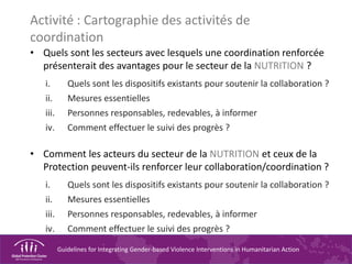 Guidelines for Integrating Gender-based Violence Interventions in Humanitarian Action
Activité : Cartographie des activités de
coordination
• Quels sont les secteurs avec lesquels une coordination renforcée
présenterait des avantages pour le secteur de la NUTRITION ?
i. Quels sont les dispositifs existants pour soutenir la collaboration ?
ii. Mesures essentielles
iii. Personnes responsables, redevables, à informer
iv. Comment effectuer le suivi des progrès ?
• Comment les acteurs du secteur de la NUTRITION et ceux de la
Protection peuvent-ils renforcer leur collaboration/coordination ?
i. Quels sont les dispositifs existants pour soutenir la collaboration ?
ii. Mesures essentielles
iii. Personnes responsables, redevables, à informer
iv. Comment effectuer le suivi des progrès ?