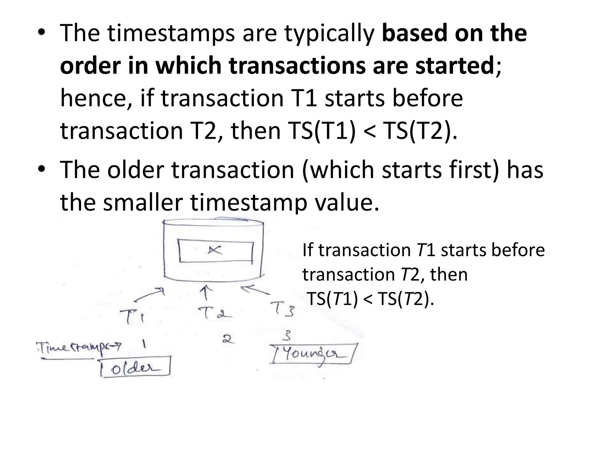 • The timestamps are typically based on the
order in which transactions are started;
hence, if transaction T1 starts before
transaction T2, then TS(T1) < TS(T2).
• The older transaction (which starts first) has
the smaller timestamp value.
If transaction T1 starts before
transaction T2, then
TS(T1) < TS(T2).
 