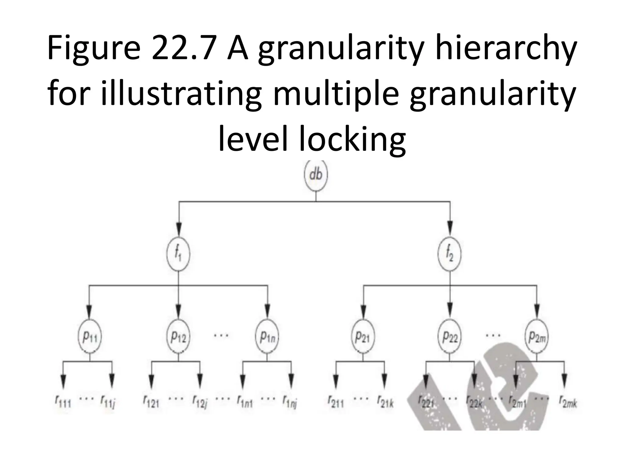 Figure 22.7 A granularity hierarchy
for illustrating multiple granularity
level locking
 