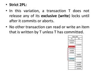 • Strict 2PL:
• In this variation, a transaction T does not
release any of its exclusive (write) locks until
after it commits or aborts.
• No other transaction can read or write an item
that is written by T unless T has committed.
 