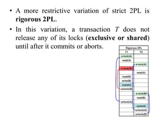 • A more restrictive variation of strict 2PL is
rigorous 2PL.
• In this variation, a transaction T does not
release any of its locks (exclusive or shared)
until after it commits or aborts.
 