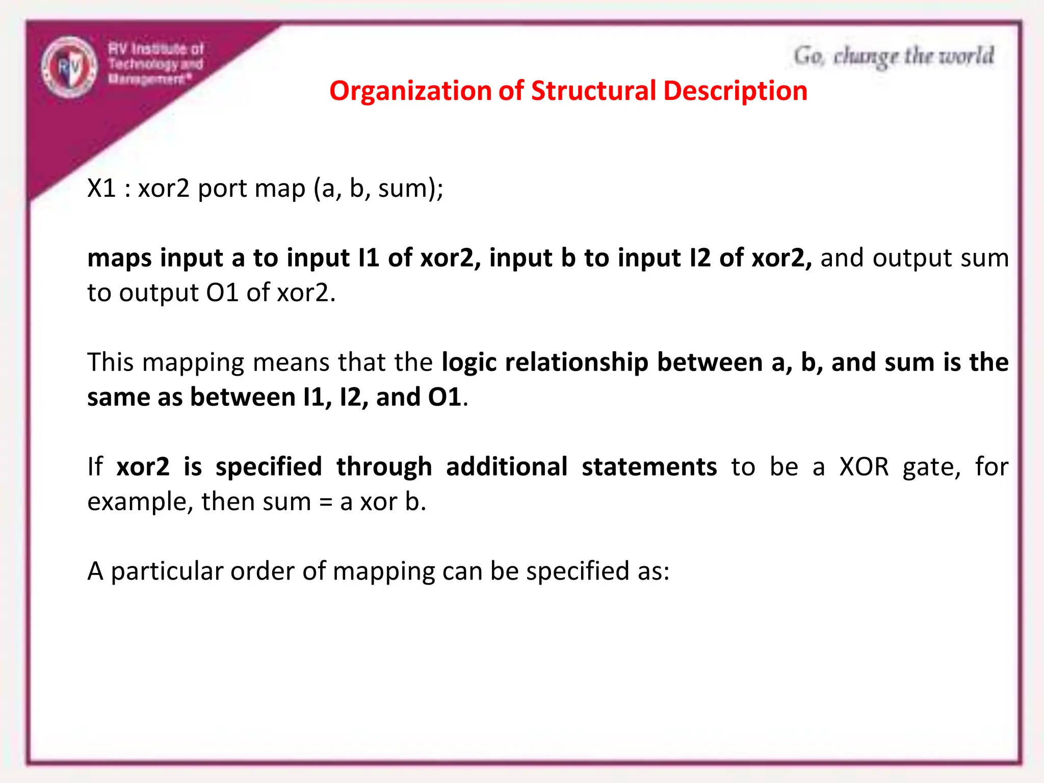 X1 : xor2 port map (a, b, sum);
maps input a to input I1 of xor2, input b to input I2 of xor2, and output sum
to output O1 of xor2.
This mapping means that the logic relationship between a, b, and sum is the
same as between I1, I2, and O1.
If xor2 is specified through additional statements to be a XOR gate, for
example, then sum = a xor b.
A particular order of mapping can be specified as:
Organization of Structural Description
 