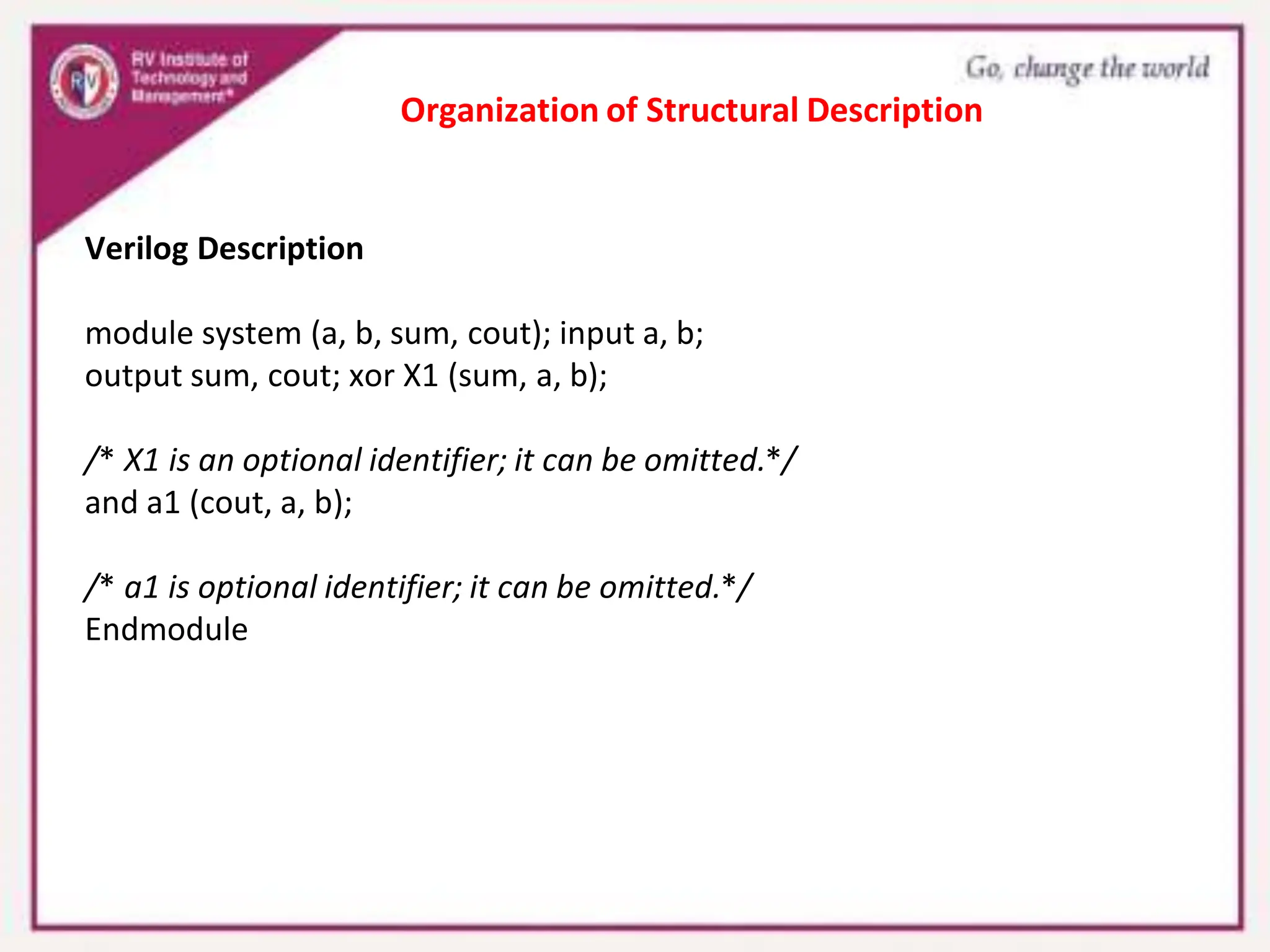 Verilog Description
module system (a, b, sum, cout); input a, b;
output sum, cout; xor X1 (sum, a, b);
/* X1 is an optional identifier; it can be omitted.*/
and a1 (cout, a, b);
/* a1 is optional identifier; it can be omitted.*/
Endmodule
Organization of Structural Description
 