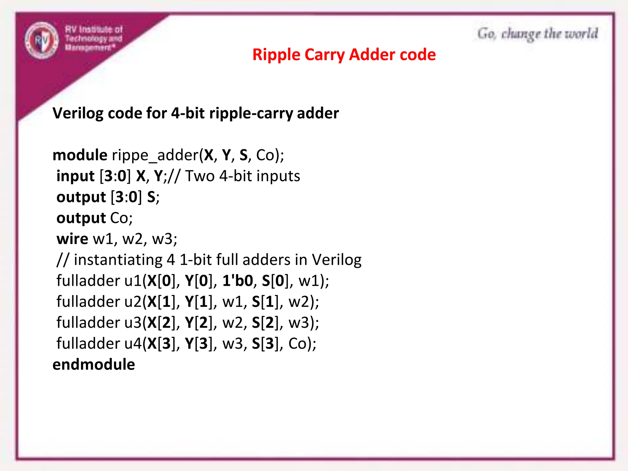 Verilog code for 4-bit ripple-carry adder
module rippe_adder(X, Y, S, Co);
input [3:0] X, Y;// Two 4-bit inputs
output [3:0] S;
output Co;
wire w1, w2, w3;
// instantiating 4 1-bit full adders in Verilog
fulladder u1(X[0], Y[0], 1'b0, S[0], w1);
fulladder u2(X[1], Y[1], w1, S[1], w2);
fulladder u3(X[2], Y[2], w2, S[2], w3);
fulladder u4(X[3], Y[3], w3, S[3], Co);
endmodule
Ripple Carry Adder code
 