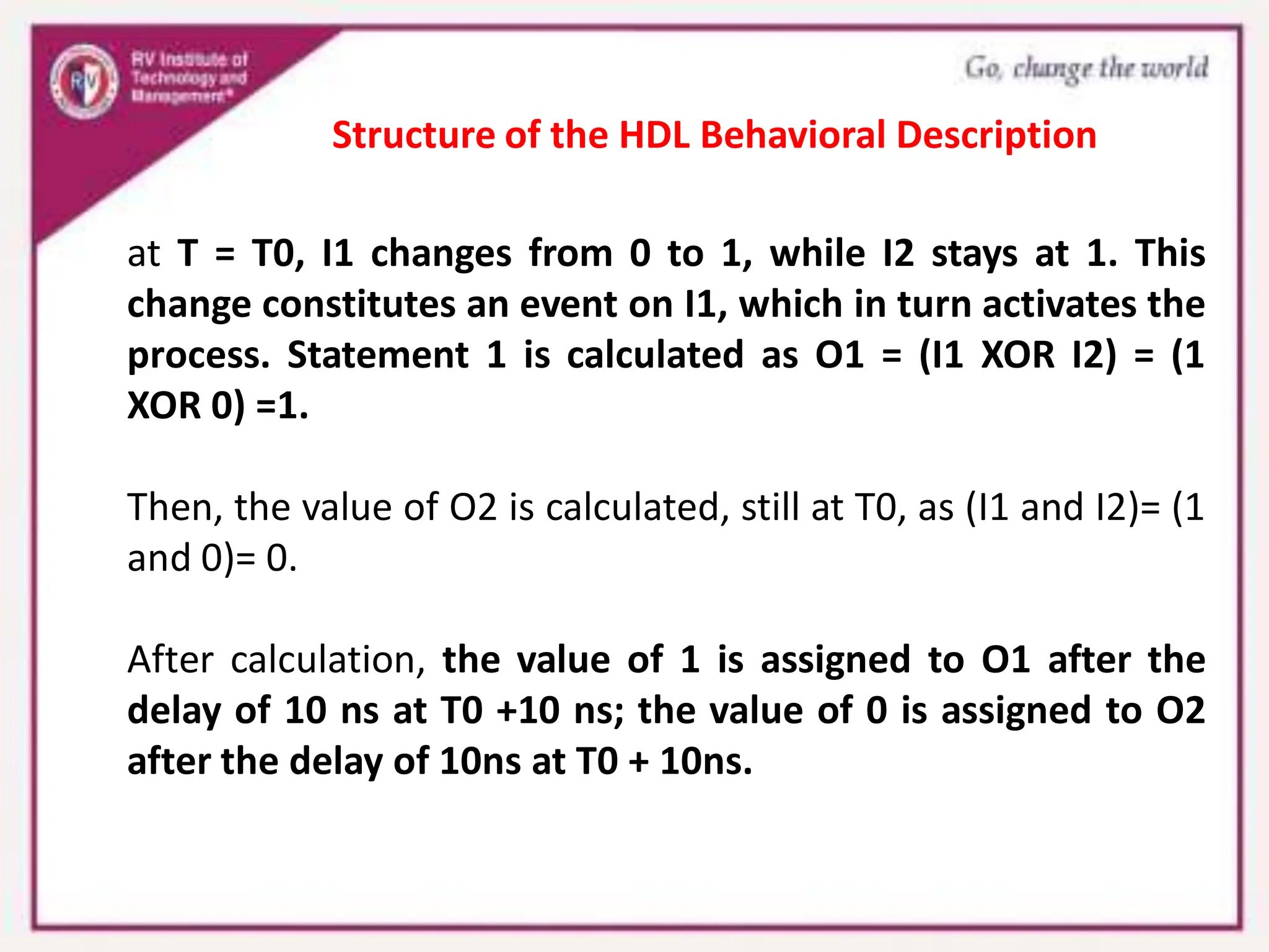 at T = T0, I1 changes from 0 to 1, while I2 stays at 1. This
change constitutes an event on I1, which in turn activates the
process. Statement 1 is calculated as O1 = (I1 XOR I2) = (1
XOR 0) =1.
Then, the value of O2 is calculated, still at T0, as (I1 and I2)= (1
and 0)= 0.
After calculation, the value of 1 is assigned to O1 after the
delay of 10 ns at T0 +10 ns; the value of 0 is assigned to O2
after the delay of 10ns at T0 + 10ns.
Structure of the HDL Behavioral Description
 