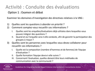Guidelines for Integrating Gender-based Violence Interventions in Humanitarian Action
Activité : Conduite des évaluations
Option 1 : Examen et débat
Examiner les domaines d'investigation des directives relatives à la VBG :
1) Quelles sont les questions à aborder en priorité ?
2) Comment comptez-vous recueillir ces informations ?
I. Quelles sont les enquêtes/évaluations déjà utilisées dans lesquelles vous
pouvez intégrer des questions ?
II. Quand et où l'enquête sera-t-elle conduite, afin de garantir la participation des
groupes à risque ?
3) Quelles sont les personnes avec lesquelles vous devez collaborer pour
recueillir ces informations ?
I. Quelle est la composition (nombre d'hommes et de femmes) de l'équipe
d'évaluation ?
II. Quelle formation l'équipe devra-t-elle suivre ?
III. Concernant l'évaluation, quelles doivent être leurs méthodes de
communication avec la communauté ?