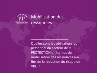 Mobilisation des
ressources
Quelles sont les obligations du
personnel du secteur de la
PROTECTION en termes de
mobilisation des ressources aux
fins de la réduction du risque de
VBG ?