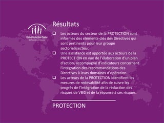 Résultats
Les acteurs du secteur de la PROTECTION sont
informés des éléments-clés des Directives qui
sont pertinents pour leur groupe
sectoriel/secteur.
Une assistance est apportée aux acteurs de la
PROTECTION en vue de l'élaboration d'un plan
d'action, accompagné d'indicateurs concernant
l'intégration des recommandations des
Directives à leurs domaines d'opération.
Les acteurs de la PROTECTION identifient les
mesures de redevabilité afin de suivre les
progrès de l'intégration de la réduction des
risques de VBG et de la réponse à ces risques.
PROTECTION
