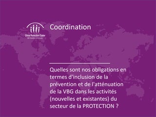 Coordination
Quelles sont nos obligations en
termes d'inclusion de la
prévention et de l'atténuation
de la VBG dans les activités
(nouvelles et existantes) du
secteur de la PROTECTION ?