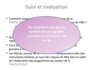 Suivi et évaluation
Comment savoir si les programmes du secteur de la
PROTECTION ont contribué à la réduction des risques de VBG ?
- Les activités du secteur de la PROTECTION choisies ont-elles
contribué à la réduction des risques de VBG ?
- Quelles sont les informations permettant de mesurer cela ?
Quelles sont les difficultés associées au suivi des risques de
VBG ?
Est-il toujours possible de s'assurer que les besoins des
groupes à risque sont identifiés et satisfaits ?
Les POS du secteur de la PROTECTION comprennent-elles des
instructions relatives au suivi des risques de VBG dans le cadre
de l'élaboration des programmes du secteur de la
PROTECTION ?
54
Ne considérez pas que le
nombre de cas signalés
constitue un indicateur de
succès.